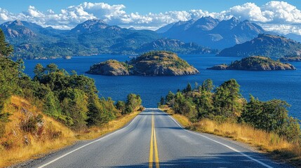 Obraz premium Scenic Highway Winding Towards Majestic Mountains and Islands