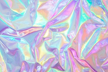 Fototapeta premium Holographic iridescent wrinkled material forms an abstract futuristic background with pastel colors and shiny surface, perfect for modern and trendy designs