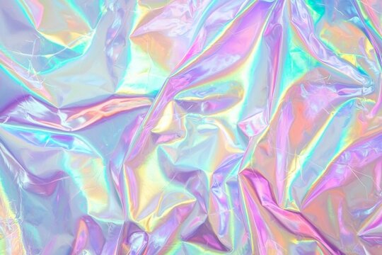Holographic iridescent wrinkled material forms an abstract futuristic background with pastel colors and shiny surface, perfect for modern and trendy designs