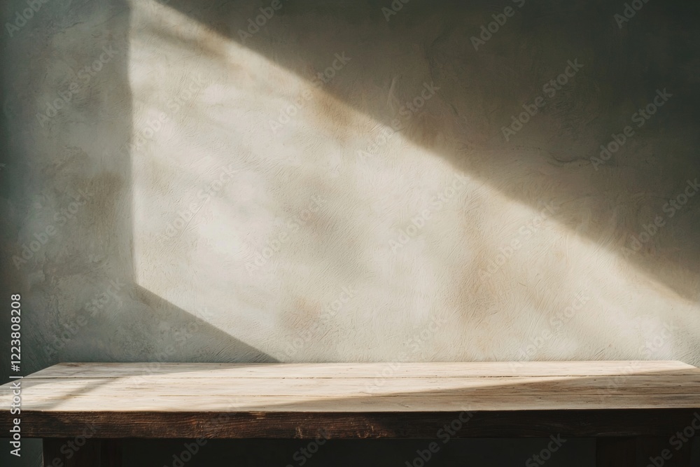 Poster empty wooden table illuminating by sunlight through window on grunge wall background creating beauti