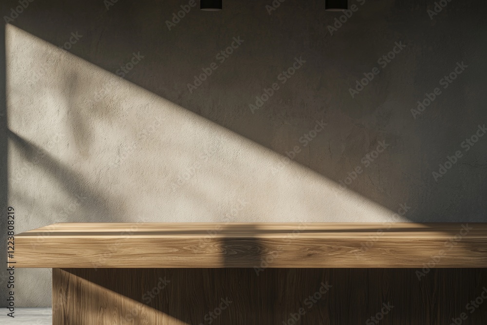 Poster sunlight illuminating an empty wooden table in a room with a concrete wall, creating a modern and mi
