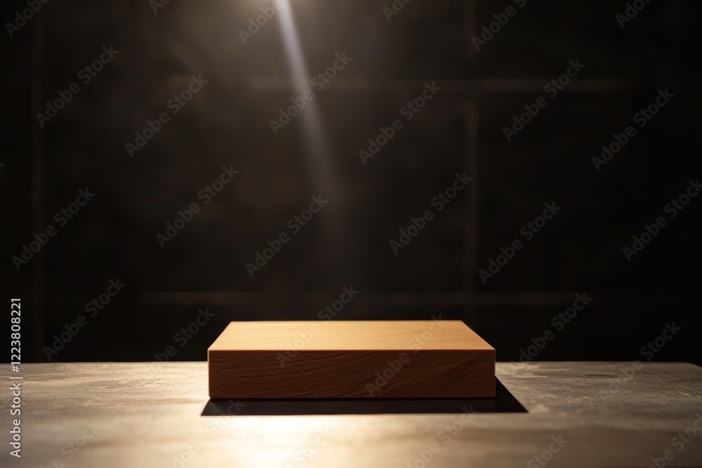 Poster empty wooden podium illuminated by a spotlight on a gray table with a dark background, perfect for s