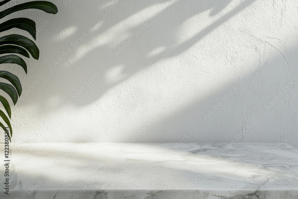 Poster featuring an empty marble table casting a tropical plant shadow on a bright white wall, creating a m
