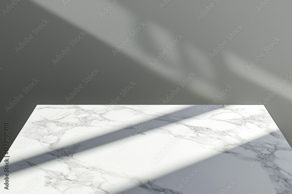 Poster illuminating with natural window light, an empty white marble table casts elegant shadows against a 