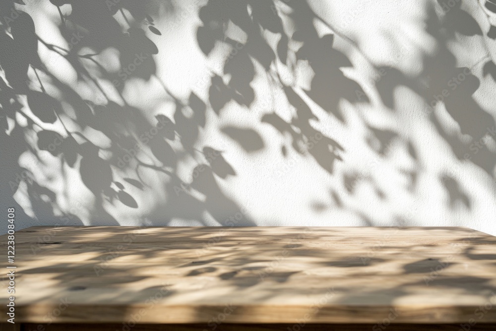 Poster empty wooden table with beautiful leaf shadows on a white wall background, creating a serene and nat