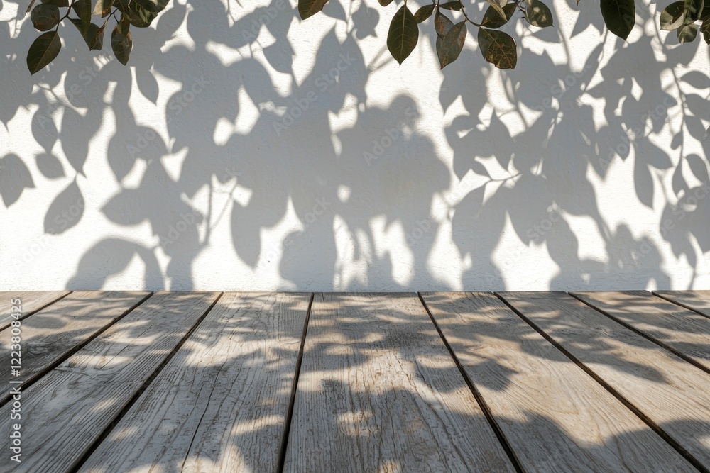 Poster empty wooden table under tree branches casting shadows on a white wall, creating a serene and natura