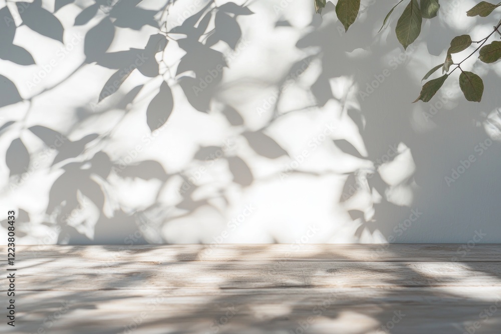 Poster sunlight casts intricate leaf shadows on a white wall, creating a serene and natural pattern over a 