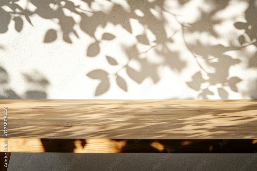 Poster Minimalist composition featuring an empty wooden table top with dappled leaf shadows cast on a white wall, creating a serene and natural backdrop for product display