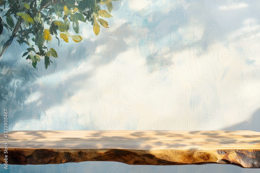 Poster empty wooden tabletop displaying intricate shadows of tree leaves against a bright blue wall, creati