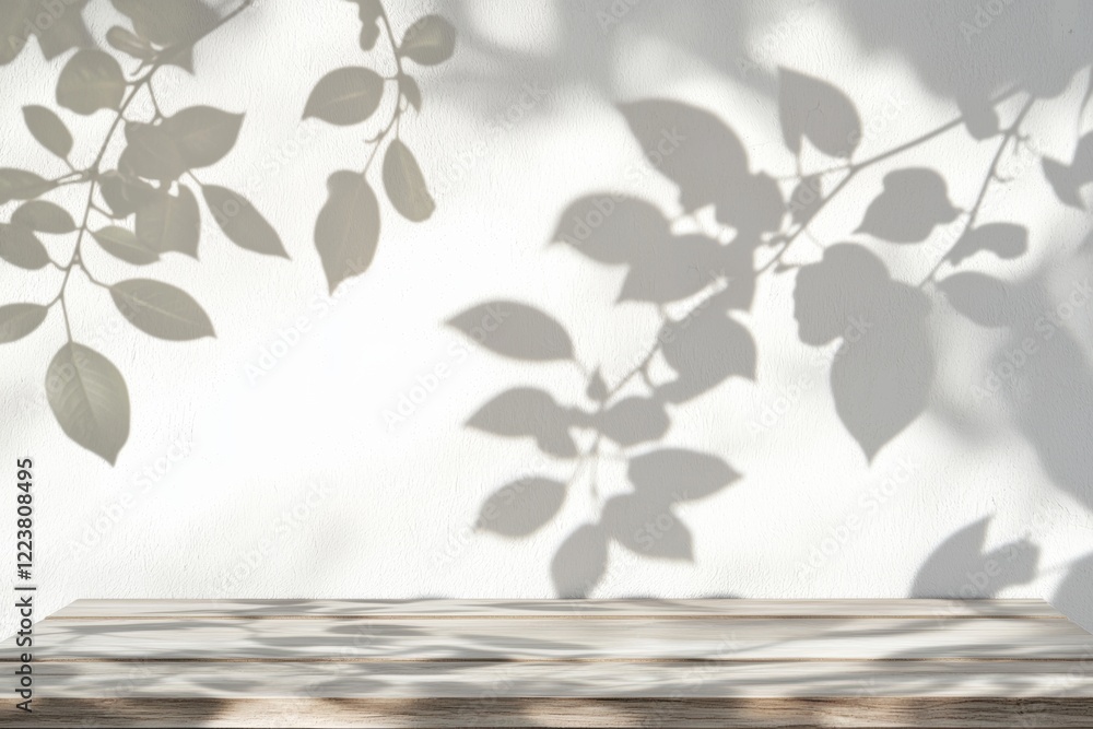 Poster Delicate shadows of leaves cast intricate patterns on a white wall, creating a serene and minimalist backdrop. A wooden surface adds texture to the tranquil composition
