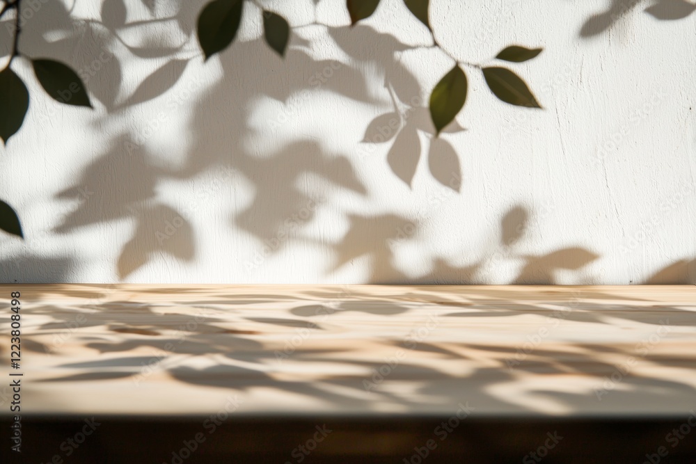 Poster leaf shadows create a dynamic pattern on a sunlit wall, evoking a sense of nature's artistry. the in
