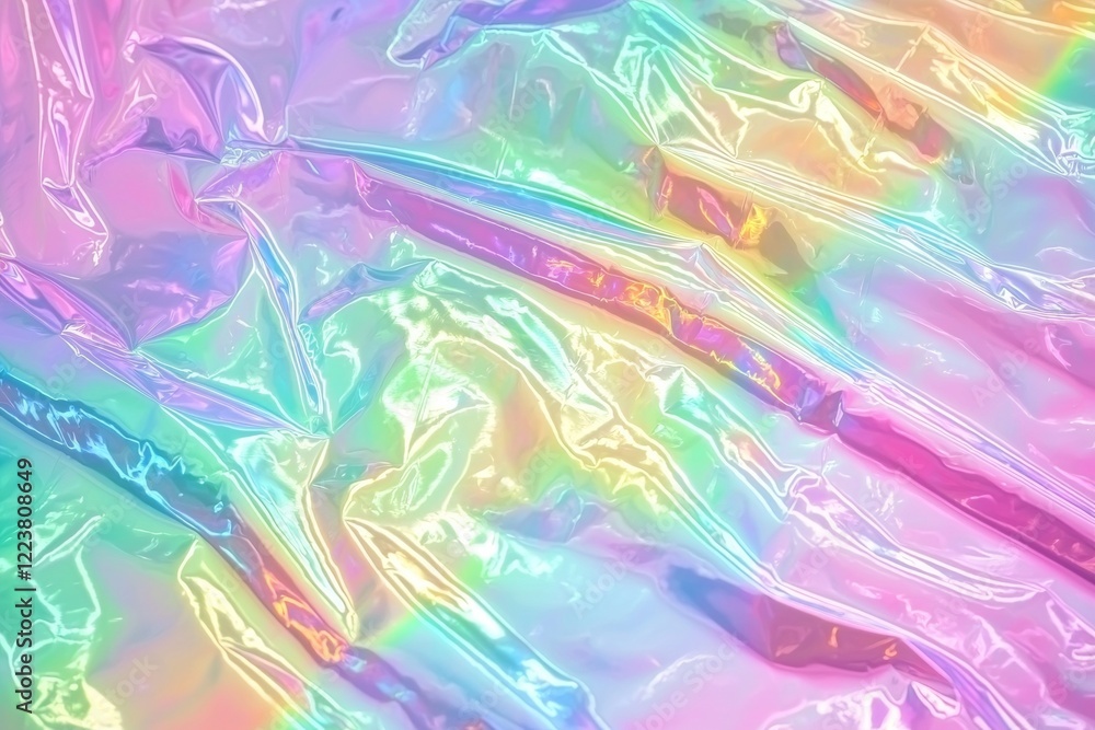 Poster shimmering iridescent surface displays a spectrum of pastel rainbow colors, creating a mesmerizing a