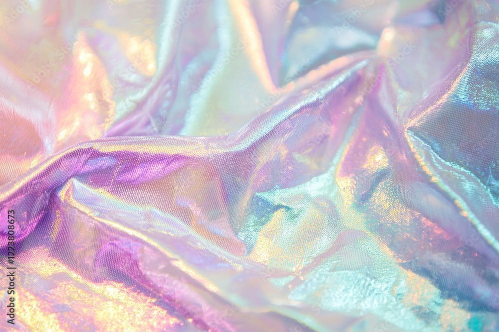 Poster holographic wrinkled fabric texture is creating an abstract iridescent pastel background with surrea