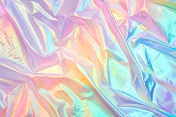 Fototapeta premium Shimmering iridescent colors create a mesmerizing effect on a crumpled surface, blending pastel pinks, blues, and yellows. The light plays across the texture, forming a captivating visual display