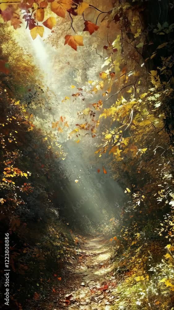 Poster sunlight filters through autumn leaves in a serene forest path during a peaceful afternoon