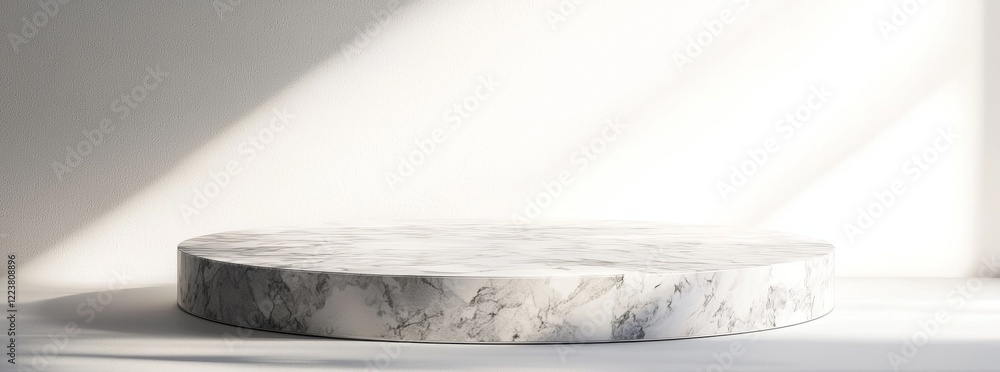 Poster circular marble platform with a smooth surface, bathed in soft sunlight. ideal for showcasing produc