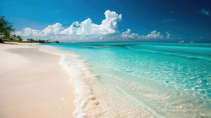 Fototapeta premium serene beach scene with turquoise water, soft white sand, and fluffy clouds. tranquil atmosphere invites relaxation and enjoyment of nature beauty