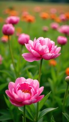 Fototapeta premium Fresh peony flowers in a field, wildflowers, peonies, field