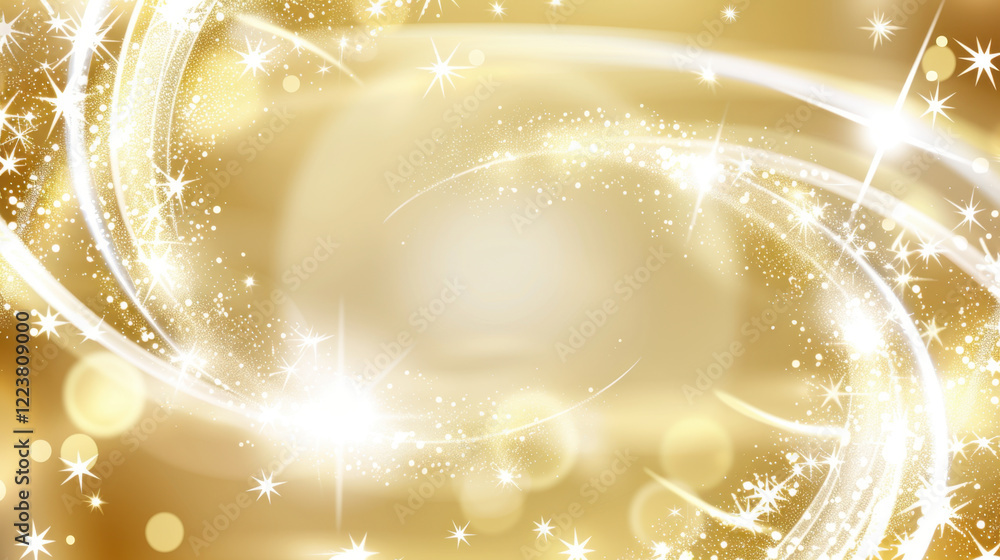 Poster golden abstract background with sparkling stars and light swirls, creating magical and festive atmos