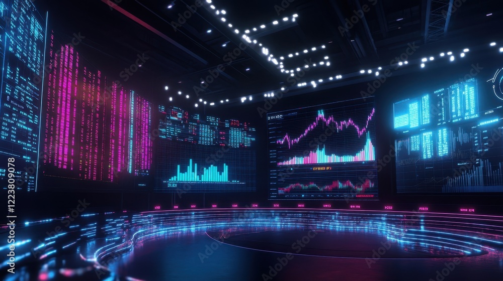 Poster glowing neon charts and graphs displayed on large screens in a dark, futuristic setting create an im