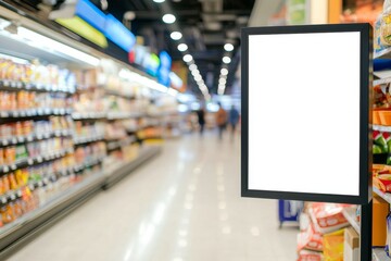 Vertical blank digital signage information display showing white screen standing next to shelves full of groceries in supermarket aisle with blurred customers walking