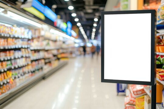 Vertical blank digital signage information display showing white screen standing next to shelves full of groceries in supermarket aisle with blurred customers walking