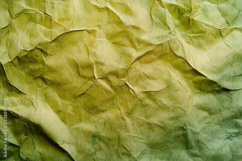 Poster crumpled green paper creates a textured, abstract backdrop, suitable for various design and artistic