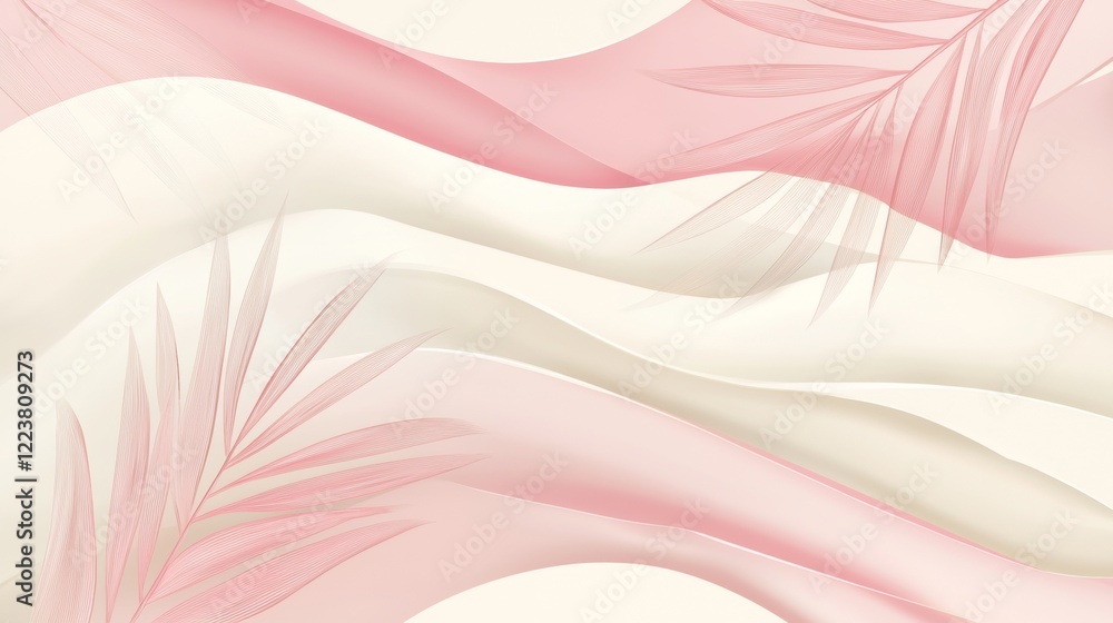 Poster soft pink and cream waves blend seamlessly with delicate leaf patterns, creating a serene and elegan