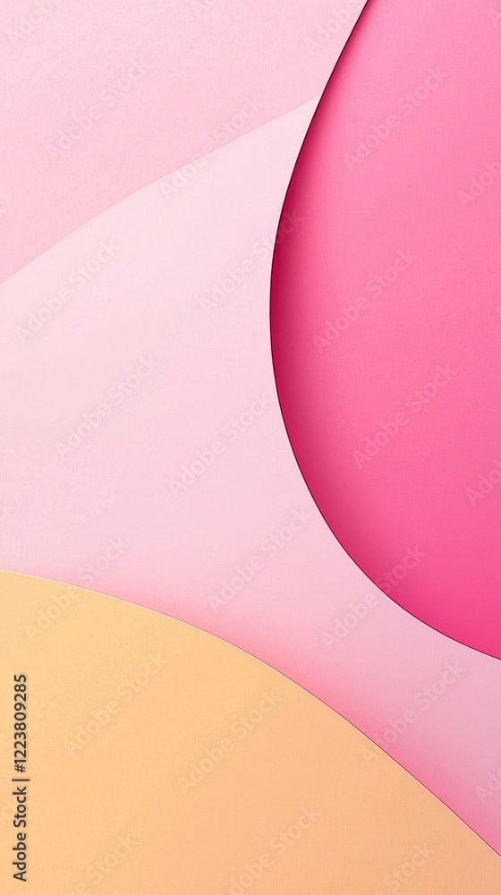 Poster abstract composition featuring overlapping paper layers in pink and yellow hues. smooth curves and v