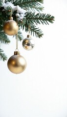 Frosty tree branches with ornaments hanging gold isolated on white background, christmas tree, gold, snow