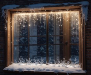 Frosty window with snowflakes, icicles, and Christmas lights, snow, frost, window