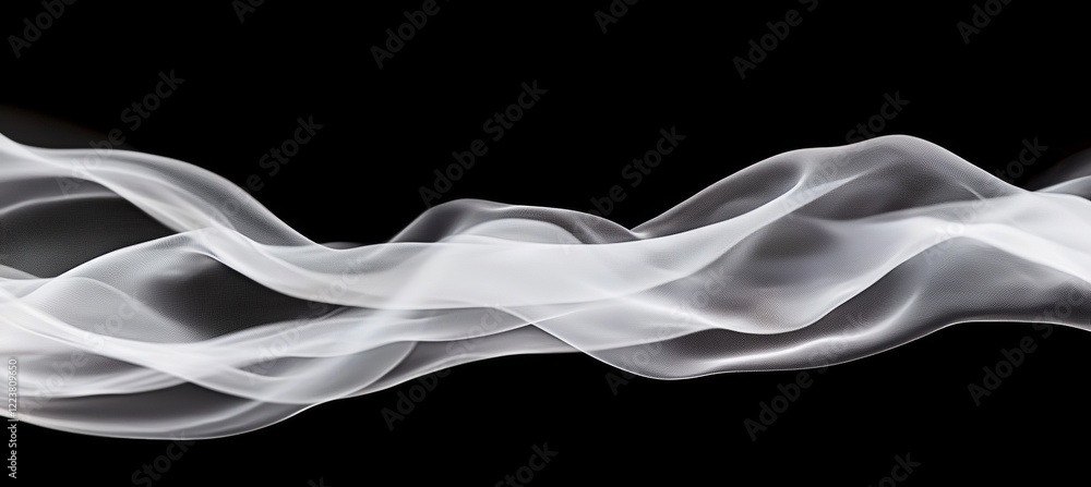 Poster white smoke is creating abstract shapes with soft curves and lines against a stark black backdrop, p
