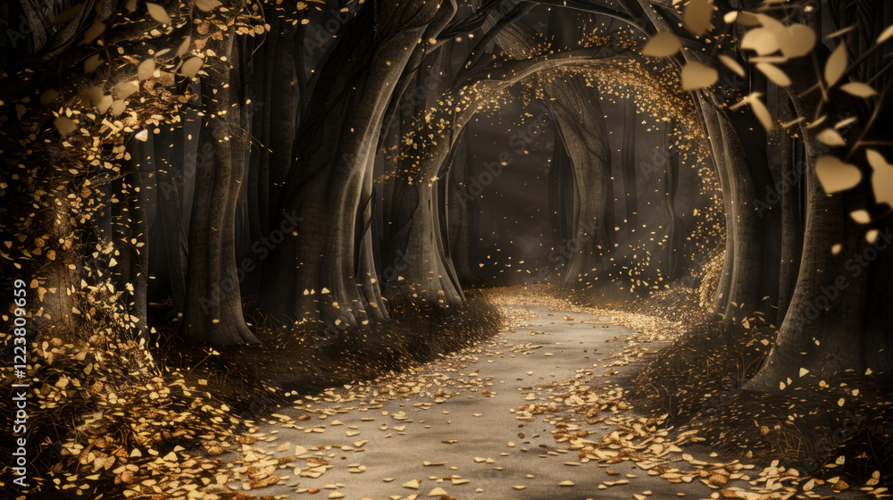 Poster magical forest path with golden leaves and dark trees, creating enchanting atmosphere. scene evokes 