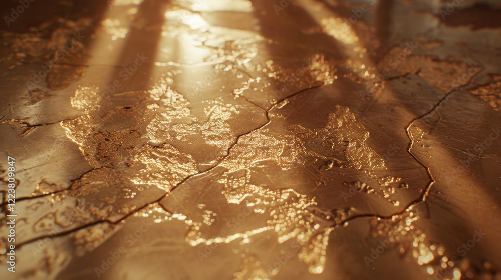 Poster golden textured surface with intricate patterns reflecting light, creating warm ambiance. design res