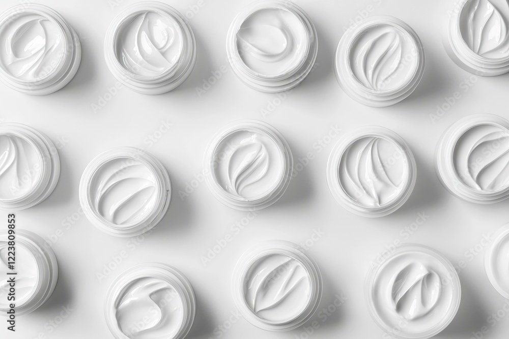 Aufkleber open jars of white cream are arranged on a white surface, creating a visually appealing pattern that
