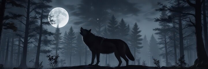 Full moon illuminated forest scene with a large wolf howling at night,  landscape,  wolf,  forest