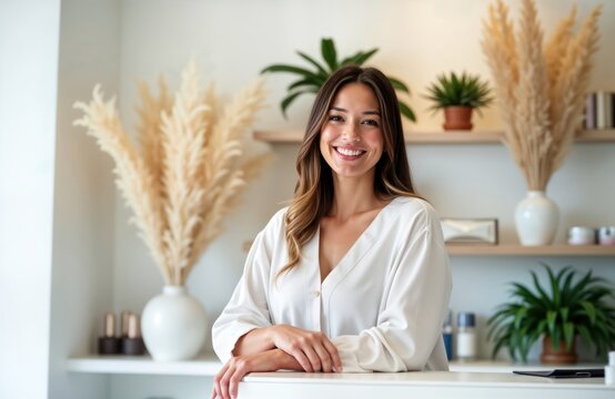 Smiling woman works at reception desk in beauty salon. Friendly receptionist in white shirt. Modern salon interior. Attractive woman provides excellent service. Positive image of business. Perfect