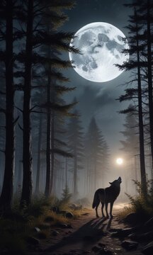 Full moon illuminated forest with a howling wolf in the distance , forests, wolves