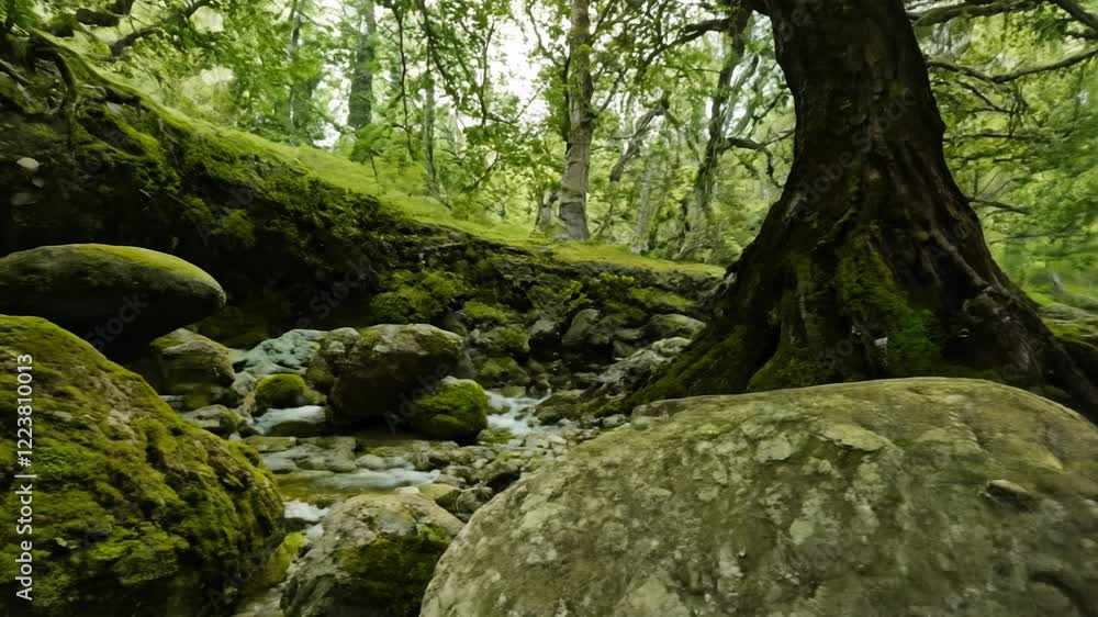 Poster slowly 360-degree rotation video showcasing ancient stones and twisted tree trunks blending into the