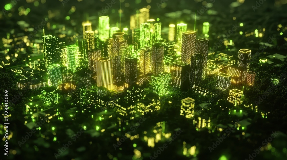 Poster a dynamic display showcasing a green city grid interconnected by vibrant holographic pathways where 