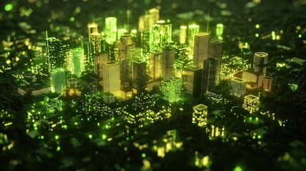 A dynamic display showcasing a green city grid interconnected by vibrant holographic pathways where wind and solar elements pulse in harmony illuminating the night sky.
