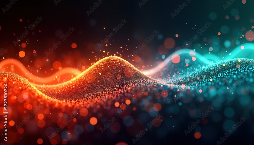 Poster Abstract vibrant 3d sound waves in motion. Colorful dynamic data visualization on dark background. Futuristic digital art illustration. Abstract points graph with glowing effects. Waves flow with