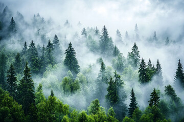 Obraz premium Misty forest landscape with tall evergreen trees surrounded by fog, evoking tranquility and nature
