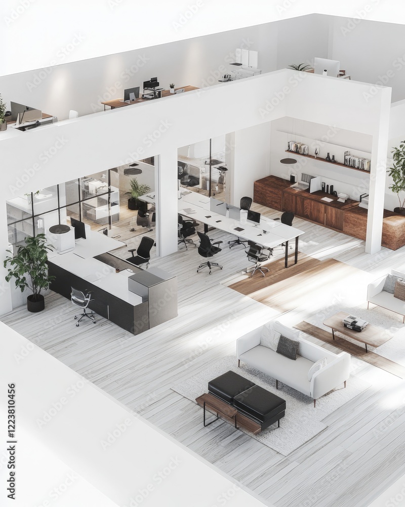 Poster modern minimalist office space design: a clean and efficient workspace with stylish furniture and op