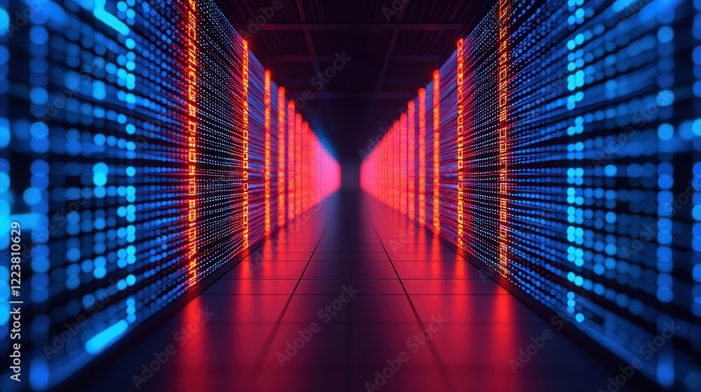 Poster digital data flow in futuristic server room with neon lights