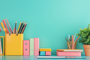Fototapeta premium Colorful desk setup with stationery, plants, and organization tools against a bright turquoise background
