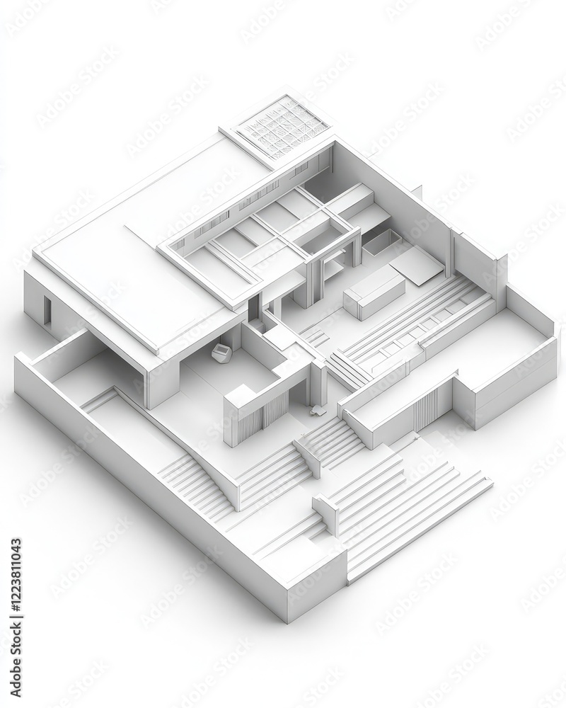 Aufkleber architectural 3d model: white minimalist building design with interior staircase and open spaces.