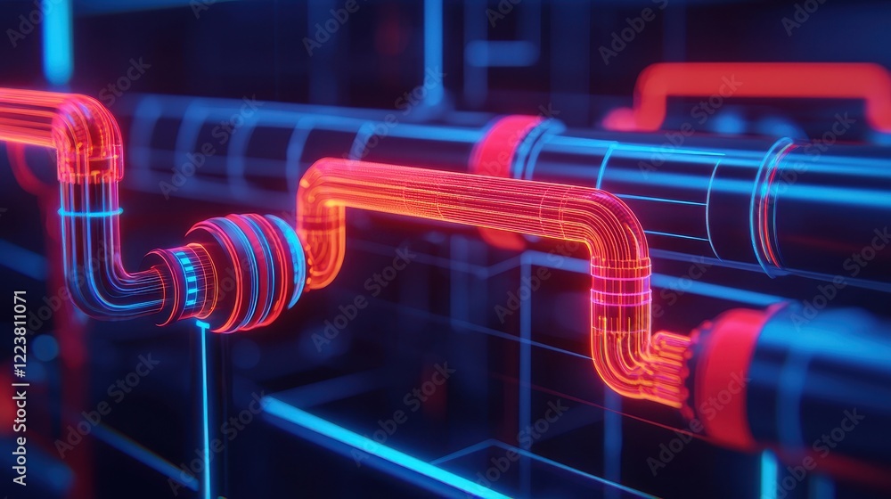 Poster futuristic 3d visualization of colorful neon pipe system design