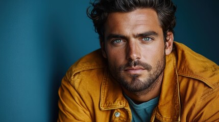 Obraz premium Close-up portrait of a man with striking blue eyes wearing a yellow jacket against a blue background