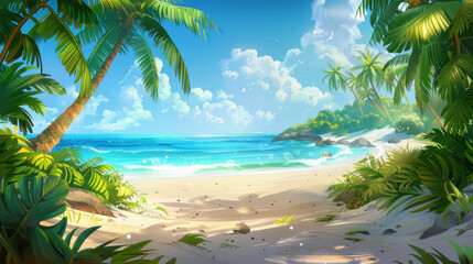 Fototapeta premium serene tropical beach scene with palm trees, clear blue water, and soft sand. vibrant colors and lush greenery create peaceful atmosphere, perfect for relaxation